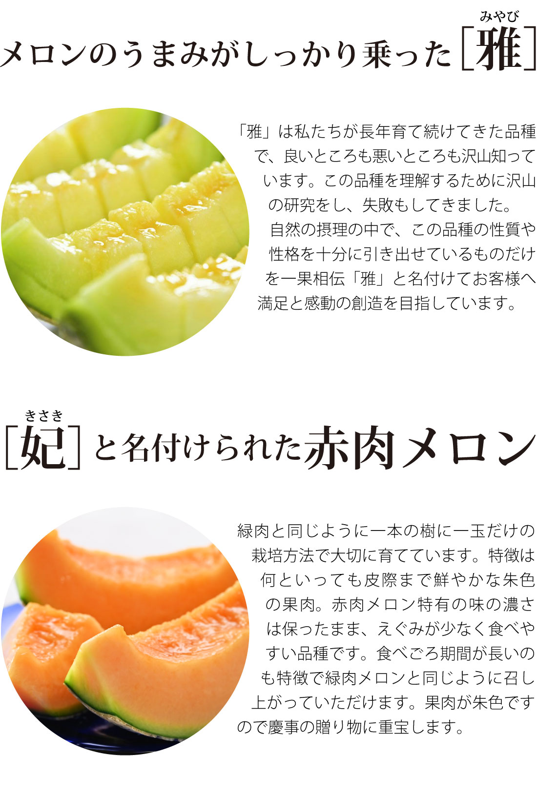 “メロンのうまみがしっかり乗った『雅』、『妃』と名付けられた赤肉メロン"