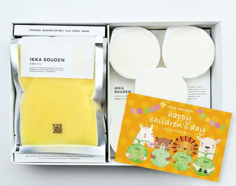 こどもの日 マスクメロンのピューレ5袋と高知のバニラアイス5個