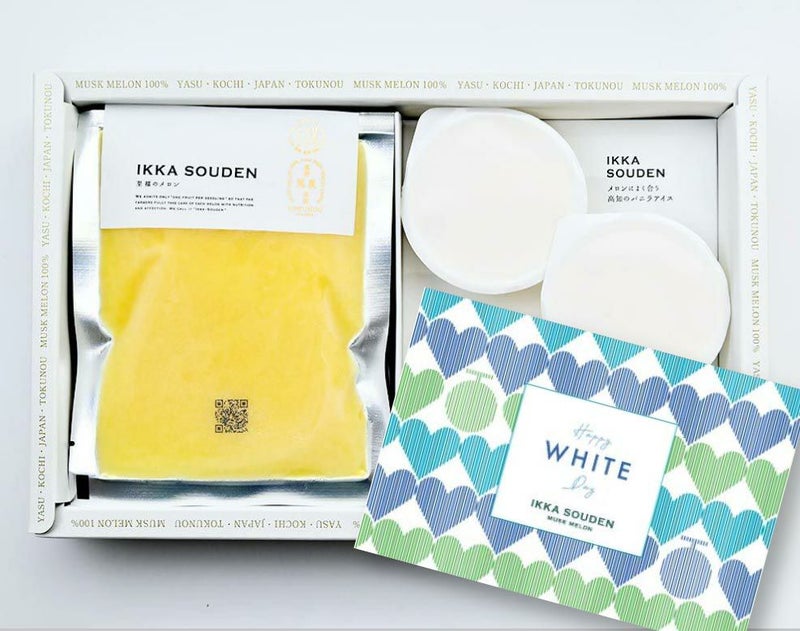 ホワイトデー マスクメロンのピューレ3袋と高知のバニラアイス3個